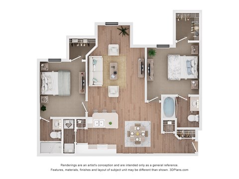 Floor plan for 2 beds, 2 baths, 988 sqft